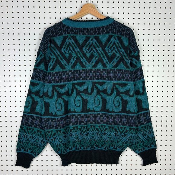 Chunky Teal Hip Hop Knit Sweater Size Large Grandpa 90s Streetwear Abstract Art - Picture 4 of 6